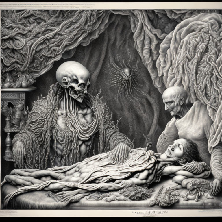 Monochrome surreal scene with cloaked skull, spider, old man, and young person in intricate setting