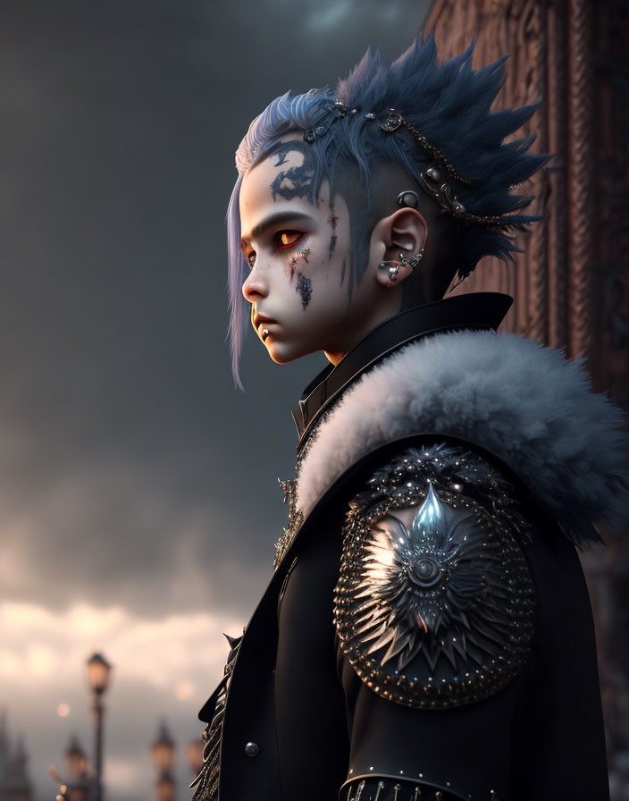 Character with Purple Spiked Hair in Regal Outfit on Dusk Background