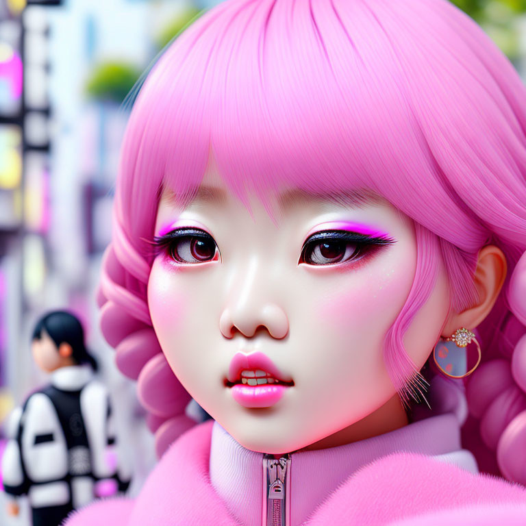 Character with expressive eyes, pink hair, makeup in anime style against urban backdrop