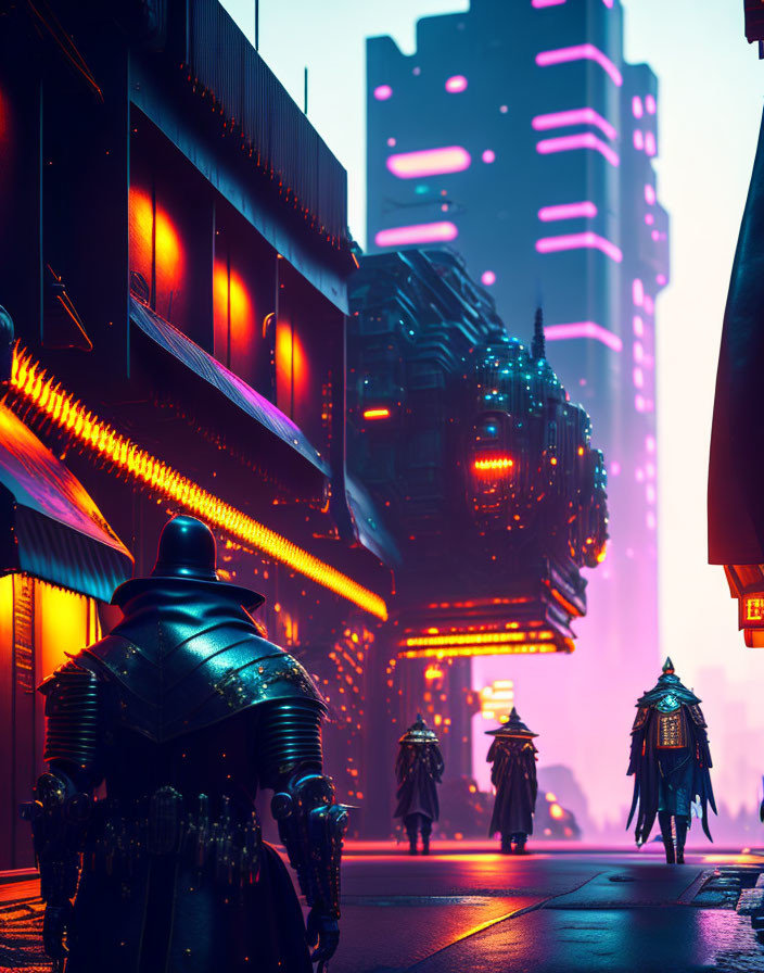 Futuristic cityscape with neon lights and high-tech figures at twilight