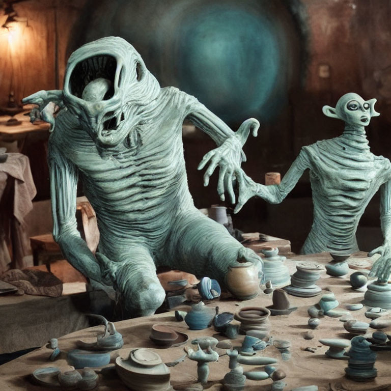 Startled blue creatures in pottery workshop claymation scene