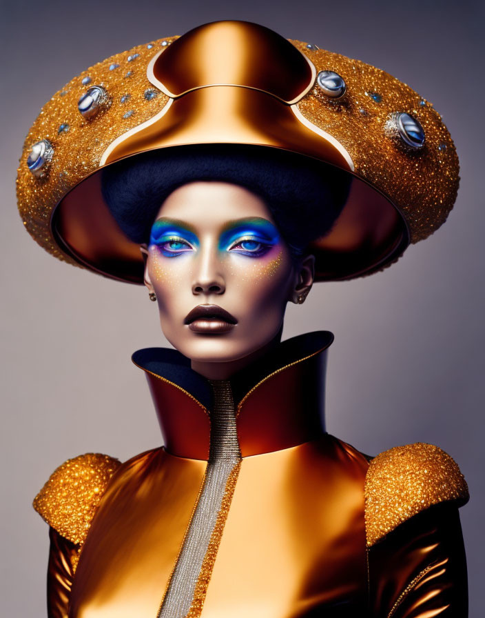 Person with Vibrant Blue Eye Makeup and Elaborate Golden Hat on Grey Background