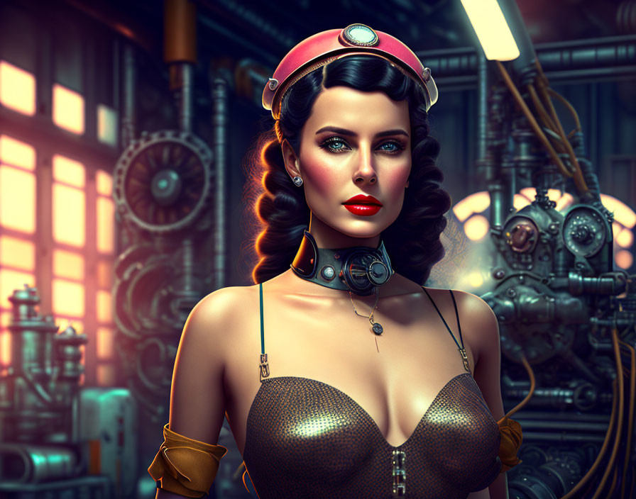 Steampunk-themed digital art of woman with headset in industrial setting
