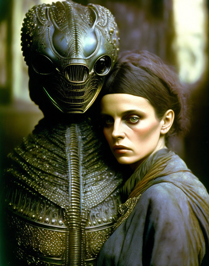 Striking makeup woman beside figure in elaborate alien costume