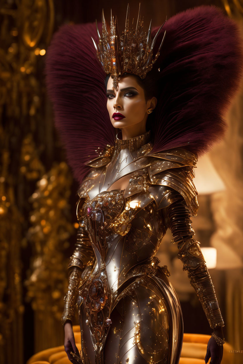 Elaborate metallic costume and futuristic royalty pose against opulent background