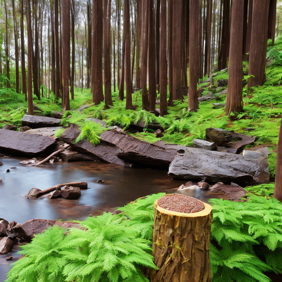 Serene forest landscape with tall trees, stream, ferns, and stump