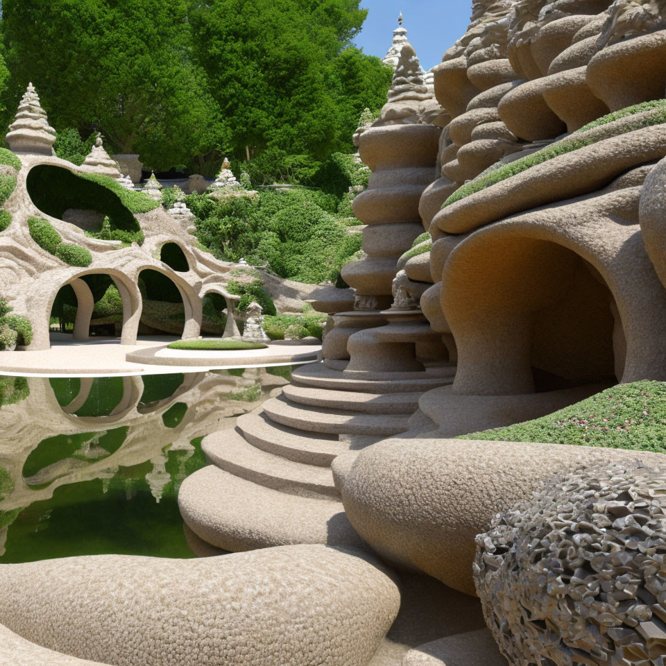Whimsical sandstone garden with swirling designs, arches, and pond