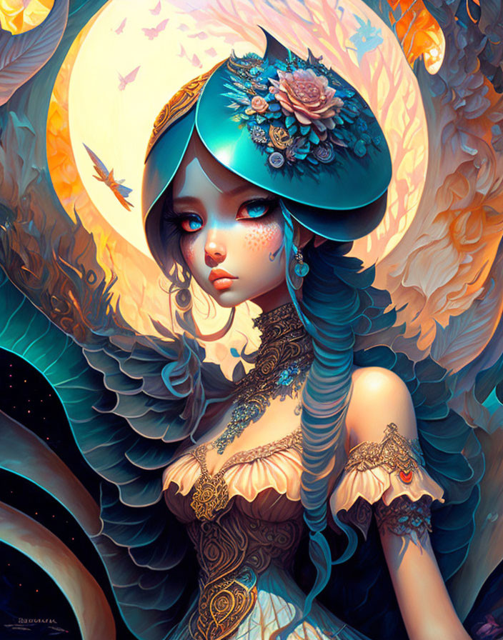 Fantastical illustration of woman with blue hair, wide-brimmed hat, flowers, butterflies