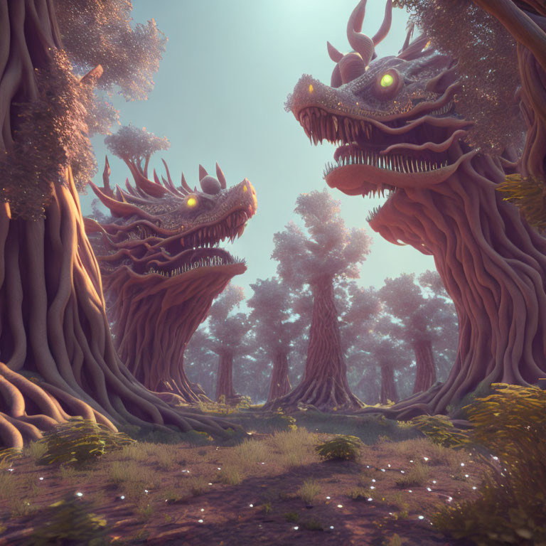 Fantastical dragon-shaped trees in mystical forest with glowing eyes.