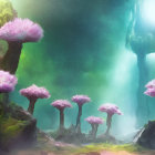 Enchanting forest with bioluminescent mushrooms and plants