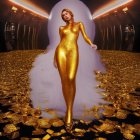 Woman in Shimmering Gold Dress on Sparkling Golden Backdrop