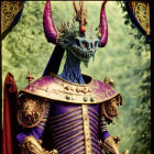 Blue-skinned fantasy creature with golden armor and purple horns in forest setting