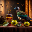 Still Life Composition: Liquor Bottle, Apples, Leaves, and Ornate Bird