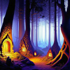 Whimsical forest scene with glowing tree houses and magical blue glow