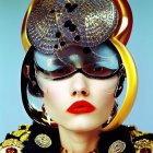 Blue-haired woman with avant-garde makeup, vibrant red lips, elaborate headpiece, and statement earrings