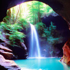 Tranquil waterfall in sunlit cave with blue pool