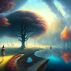 Tranquil fantasy landscape with vibrant trees, calm lake, winding path, and wandering figures