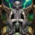 Armored alien on throne in cosmic setting with green auroras
