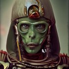 Detailed digital portrait of green-skinned alien with golden eyes and ornate purple and gold headgear.