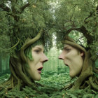 Tree spirits with intertwining branches in lush forest portrait