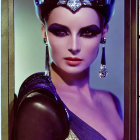 Woman with Striking Makeup and Glamorous Headpiece in Regal Attire