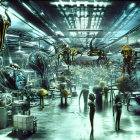 Futuristic laboratory with humanoid figures in hazmat suits and advanced equipment under green lighting