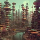 Dystopian cityscape with mushroom-like structures in haze