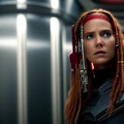 Red-haired woman in futuristic armor in dimly lit metallic corridor