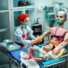 Miniature medical checkup scene with dolls on hospital bed
