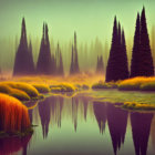 Tranquil landscape with tall trees, calm lake, misty ambiance, and grass-covered mounds