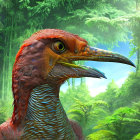 Realistic feathered dinosaur model with sharp beak in lush forest setting