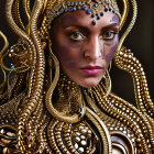 Elaborate Gold Jewelry with Blue Gem Headpiece and Netted Veil