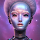 Female android with blue complexion and ornate jewelry on purple background