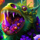 Colorful creature with floral textures and sharp teeth in vibrant artwork