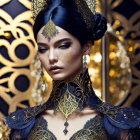Elaborate Gold Makeup and Ornate Outfit on Woman