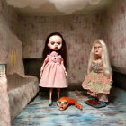 Vintage-Style Dolls in Ornate Dollhouse with Eerie Atmosphere