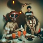 Surreal masked figures at eclectic banquet table