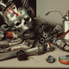 Robotic skull with metallic artifacts, roses, fruits, and mechanical parts in classical still life.