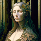 Surreal portrait of woman with foliage hair in dark forest