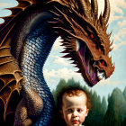Vintage Clothing Child Smiling with Menacing Blue Dragon