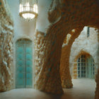Stone Walls and Arches, Turquoise Door, Chandelier in Rustic Interior