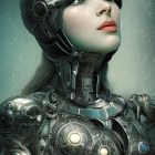 Intricate Female Android in Metallic Armor on Starry Background