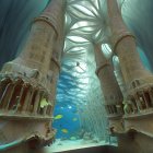 Surreal organic architectural structures in underwater setting
