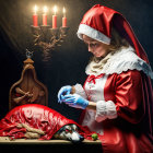 Woman in Santa Costume Caring for Dog with Candles and Violin Background