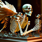 Skeletal figures with wings and skull on leaf base under warm light