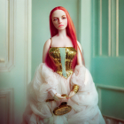 Porcelain doll with red braided hair in Victorian dress in teal room