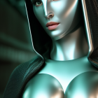Metallic humanoid figure in nun's habit bathed in blue-green light - futuristic and mysterious aura