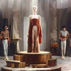 Skeletal humanoid figure in gown on circular stage with futuristic armor individuals