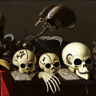 Macabre Still-Life Display: Skulls, Skeleton Hand, Alien Head