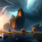 Fantastical landscape with towering cliffs, lush greenery, dramatic sky, and serene water.